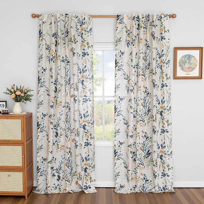 MYSKY HOME Linen Floral Curtains 95 Inch Length 2 Panels Set Semi Sheer Natural - Image 2