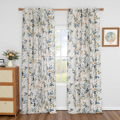 MYSKY HOME Floral Linen Floor to Ceiling Curtains 108 inch Long 2 Panels - Image 2