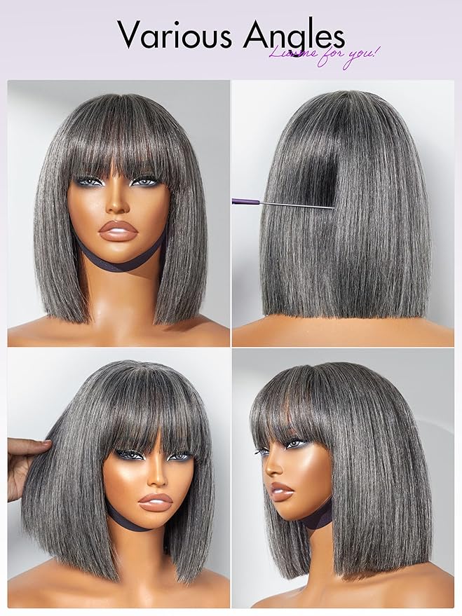 LUVME HAIR All-Day Comfort Wig 10 Inch Grey Salt & Pepper Silky Straight Bob Wig with Bangs Human Hair Glueless HD Lace Bob Wig with Mix Grey Color, Ready to Go Short Wigs For Women (Breathable Cap)