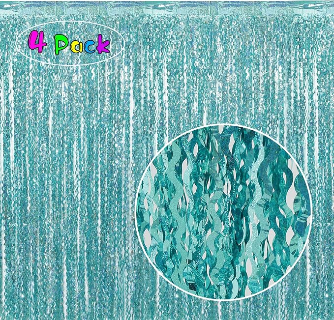 4 Pack 3.3 ft x 6.6 ft Wavy Sparkle Aqua Teal Blue Foil Curtain - Image 2