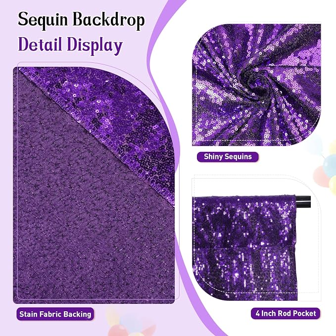 SquarePie 8x8ft Purple Sequin Backdrop, High Density Non-Transparent Glitter - Image 2