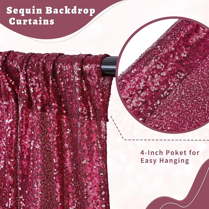 Burgundy Sequin Backdrop Curtains Party Photo Glitter Drapes 2 Pcs 2FTx8FT | - Image 6