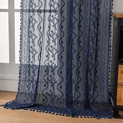 WAZZIO Boho Lace Curtains 2 Panels 63 Inch -Victorian Sheer Panel Drape French by WAZZIO