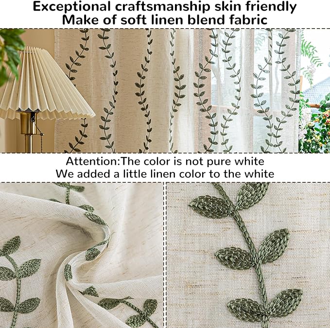 2 Panels Linen Leaf String Floral Embroidered Semi Sheer Curtain Farmhouse - Image 4