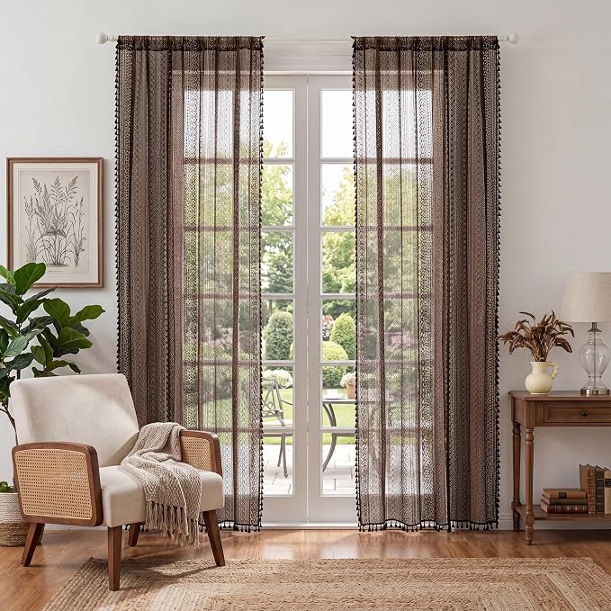WAZZIO Boho Lace Curtains 84 Inches 2 Panel, Light Filtering Privacy Tassel & - Image 3
