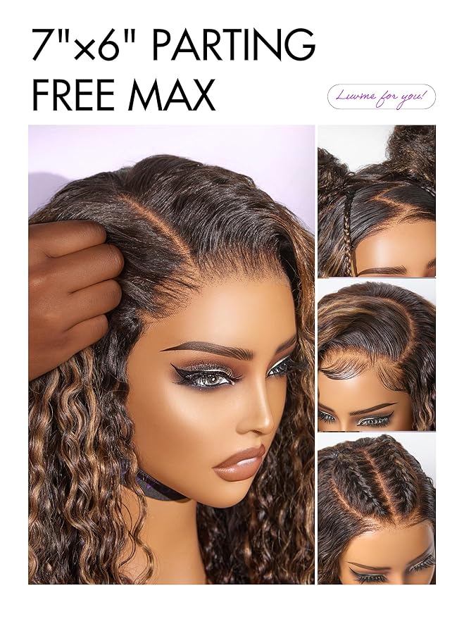 LUVME HAIR 7x6 HD Lace All-Day Comfort Wig PartingMax Lace Wigs Water Wave Curly Lace Front Wigs Human Hair Pre Cut Plucked Lace Frontal Glueless 18 Inches Hlighlight Color