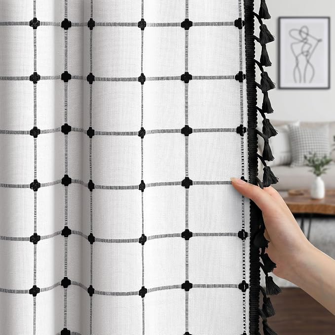 Boho Blackout Black Plaid Curtains 84 Inch Linen Blend 2 Panels | Vintage by Unknown