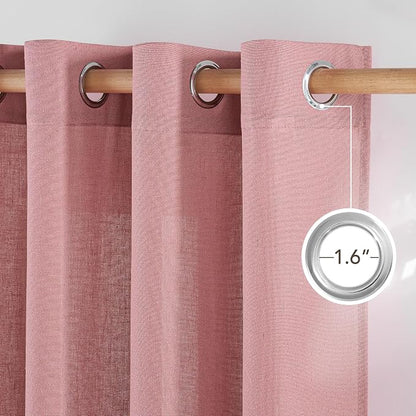 NICETOWN Linen Pink Curtains for Girls Room, Grommet Thick Flax Semi Sheer - Image 2