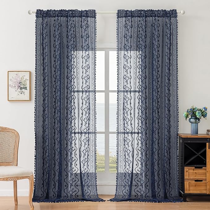 WAZZIO Boho Lace Curtains 2 Panels 84 Inch -Victorian Sheer Panel Drape French - Image 2