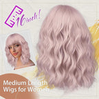 Nnzes Short Wavy Bob Wig with Bangs for Women Shoulder Length Curly Light Pink Synthetic Heat-Resistant Fiber Hair for Daily & Party Use