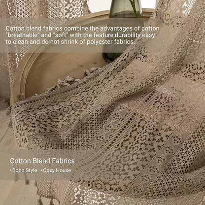 WAZZIO Boho Lace Curtains 72 Inches 2 Panel, Light Filtering Privacy Tassel & - Image 4
