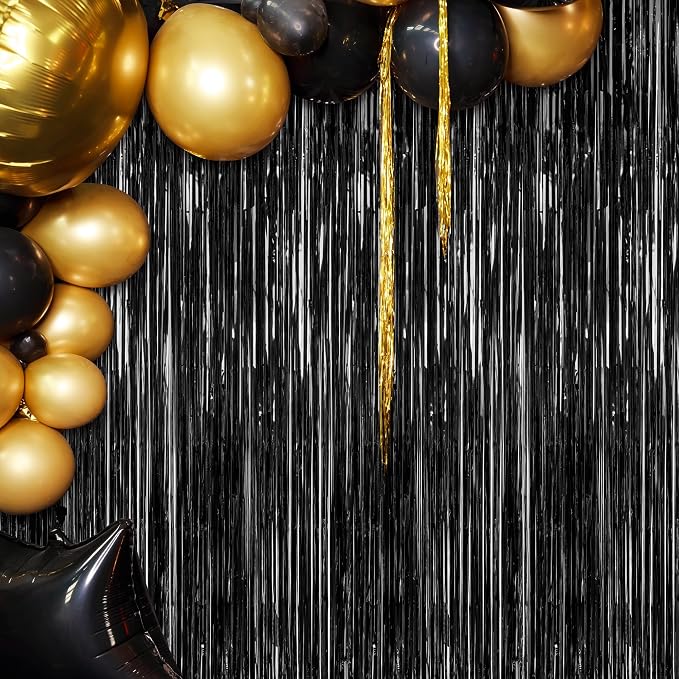 ZATAYE 2 Pack Black Foil Curtain Backdrop Birthday Party Decorations | Black - Image 7