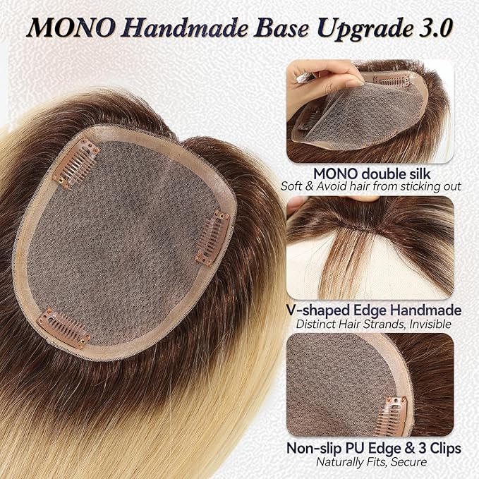 starluck Hair Toppers for Women Real Human Hair,6"*5.5"MONO Large Base,100% Real HumanHair Toppers for Women with Thinning,65g Hand-moven Topper,Gray Roots,High Volume,Ombre Light Blonde