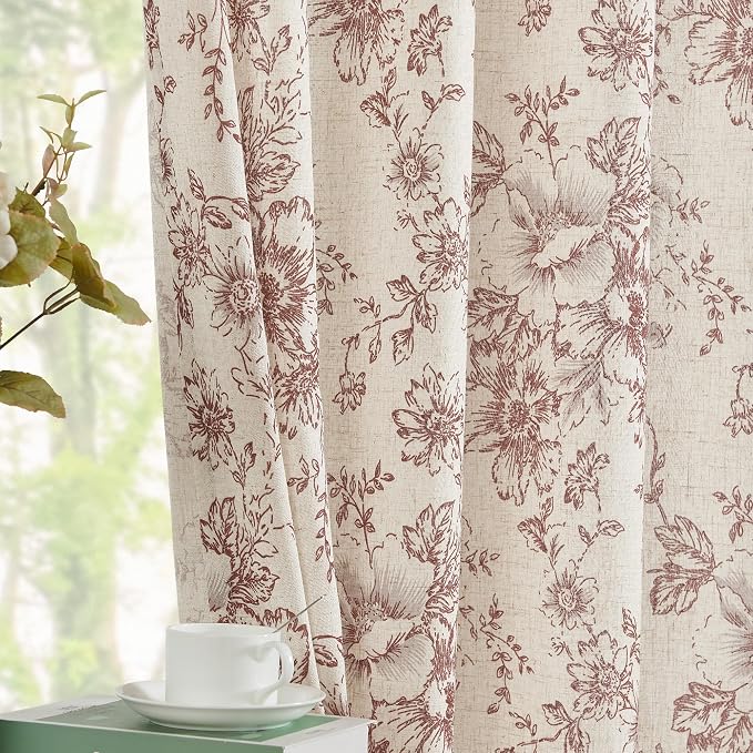 jinchan Red Floral Linen Curtains 54 Inch Vintage Back Tab 2 Panels | Light - Image 2