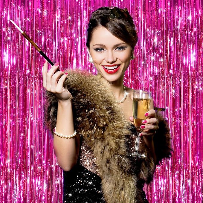 2Pack Hot Pink Metallic Tinsel Foil Fringe Curtains Backdrop - Image 3