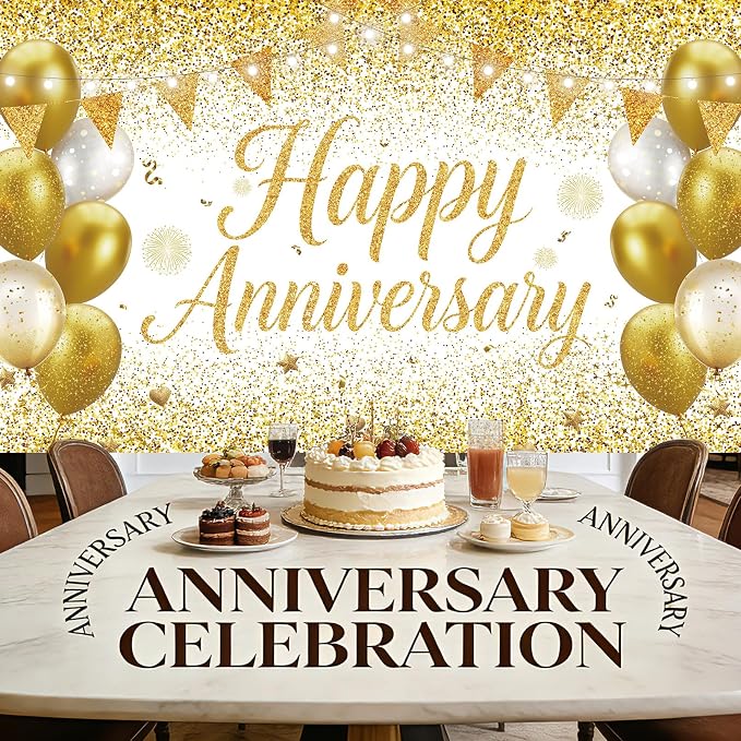 White Gold Happy Anniversary Banner Large Backdrop Decorations, Church or Work - Image 4