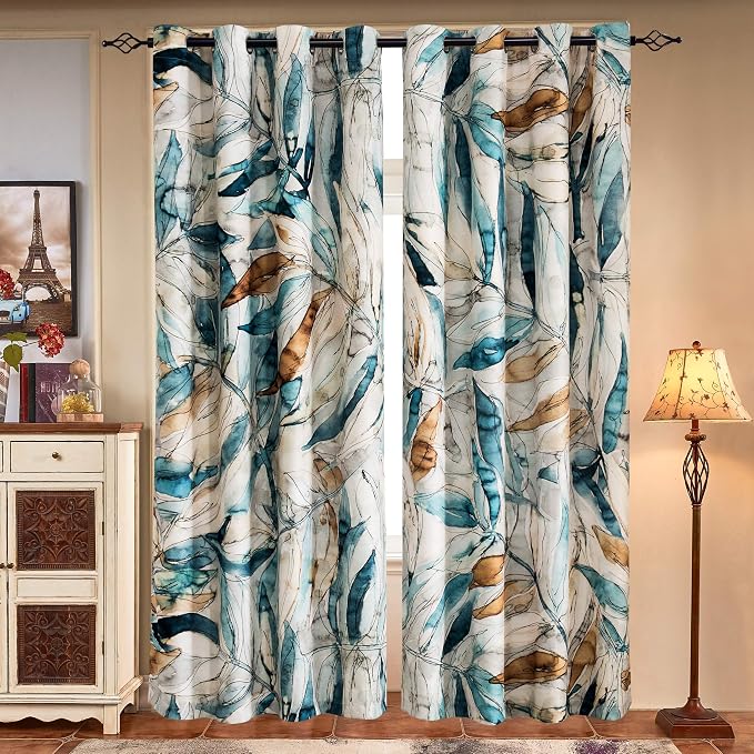 SUBRTEX Boho Leaf Printed Curtains 84 inch Long 2 Panels, Room Darkening - Image 5