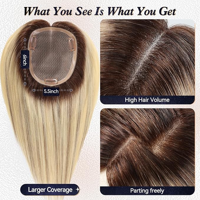 starluck Hair Toppers for Women Real Human Hair,6"*5.5"MONO Large Base, Real HumanHair Toppers for Women with Thinning,65g Hand-moven Topper,Gray Roots,High Volume,Ombre Blonde with Brown Highlight
