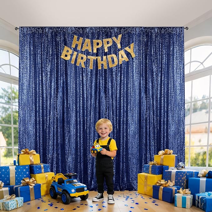 Sugargirl Navy Sequin Backdrop Curtain 3 Panels 2FTx8FT Glitter Navy Background - Image 2