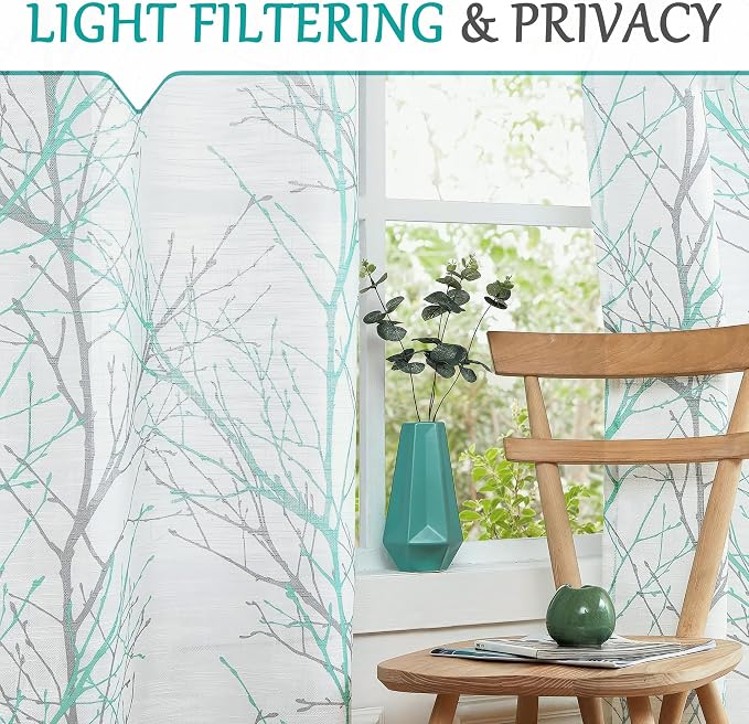 FMFUNCTEX Linen Aqua Blue White Semi Sheer Print Curtains 84 Inch 2 Panels | - Image 3