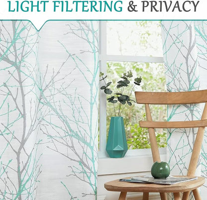 FMFUNCTEX Linen Aqua Blue White Semi Sheer Print Curtains 96 Inch 2 Panels | - Image 3