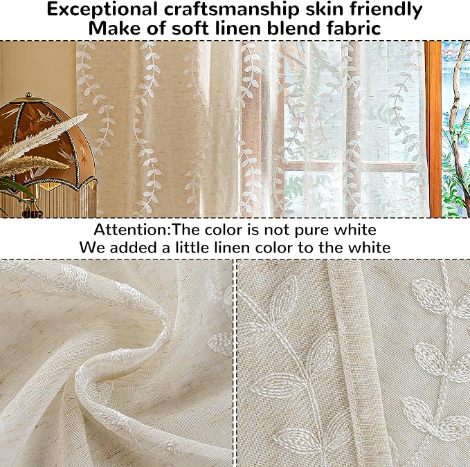 2 Panels Linen Leaf String Floral Embroidered Semi Sheer Curtain Farmhouse - Image 4