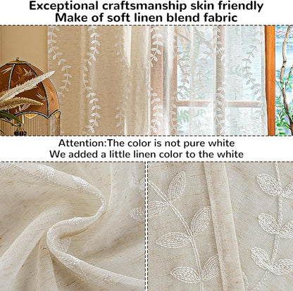 2 Panels Linen Leaf String Floral Embroidered Semi Sheer Curtain Farmhouse - Image 4