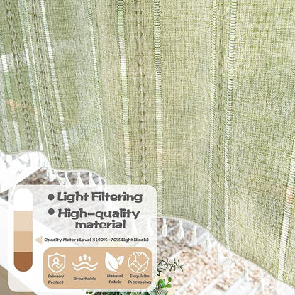Sutuo Home Green Boho Curtain 52W x 36L inch White Striped Light Filtering - Image 3