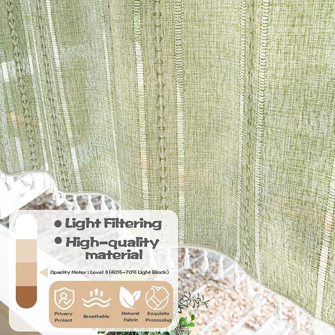 Sutuo Home Green Boho Curtain 52W x 18L inch White Striped Light Filtering - Image 3