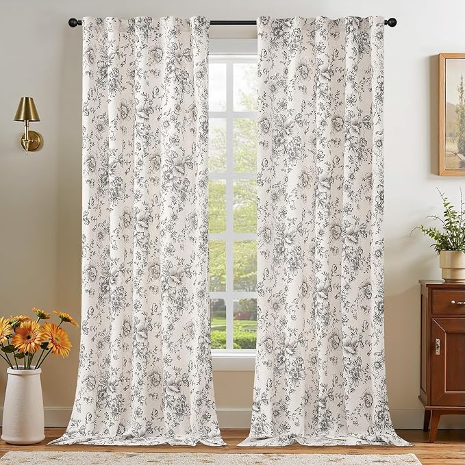 jinchan Black Floral Linen Curtains 102 Inch Farmhouse Back Tab 2 Panels | - Image 6