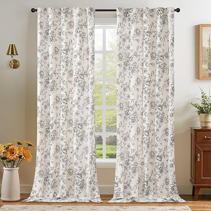 jinchan Black Floral Linen Curtains 102 Inch Farmhouse Back Tab 2 Panels | - Image 6