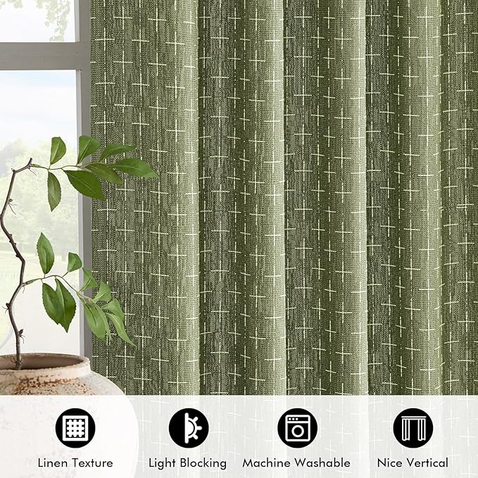 MIULEE Patterned Farmhouse Linen Curtains, Back Tab, Sage Green | Linen Curtains - Image 4