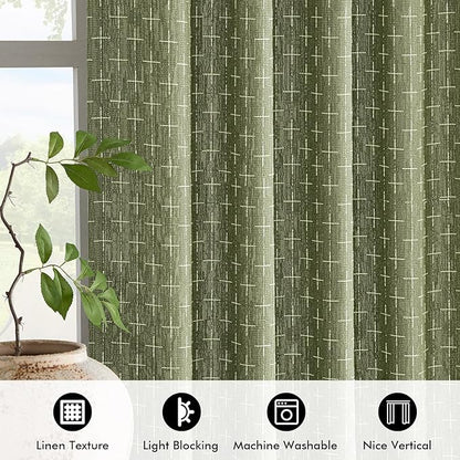MIULEE Patterned Farmhouse Linen Curtains, Back Tab, Sage Green | Linen Curtains - Image 4