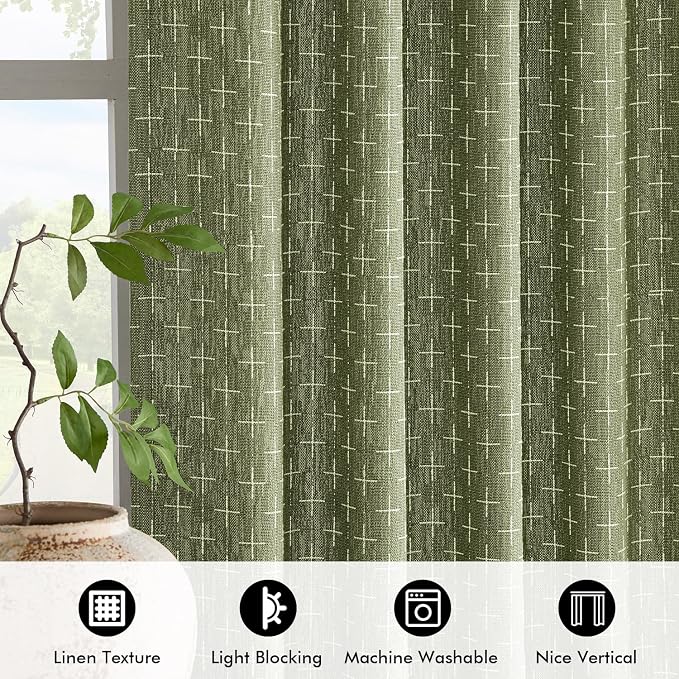 MIULEE Patterned Farmhouse Linen Curtains, Back Tab, Sage Green | Linen Curtains - Image 4