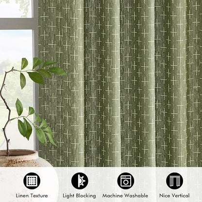MIULEE Patterned Farmhouse Linen Curtains, Back Tab, Sage Green | Linen Curtains - Image 4