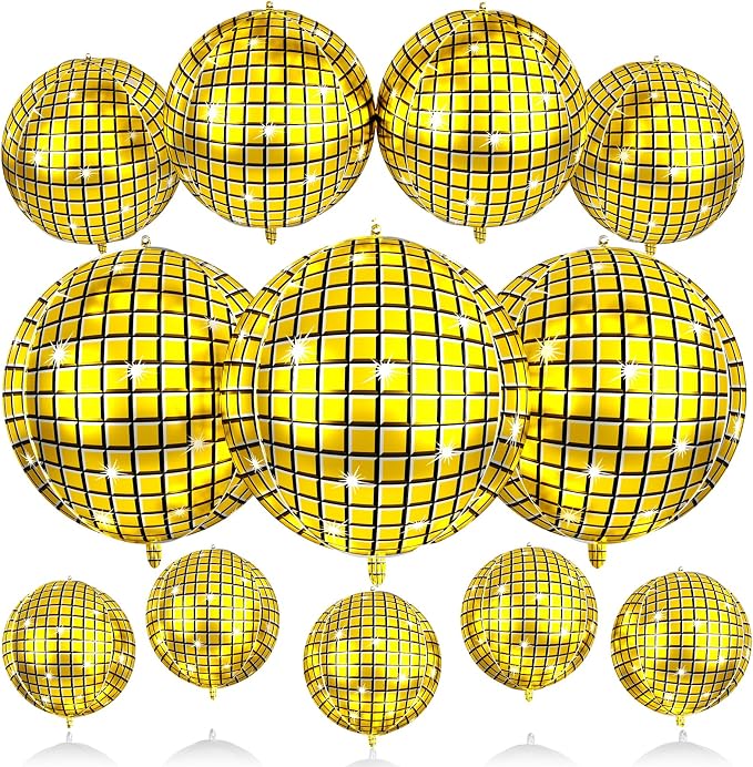 12Pcs Disco Ball Balloons Gold, Giant Metallic Gold Disco Foil Balloons by BIAPIAN
