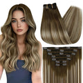 Full Shine Hair Extensions Clip ins Brown Ombre 22 Inch Clip in Human Hair Extensions Dark Brown to Blonde Clip in Extensions Real Human Hair Long Straight Hair 7 Pcs 120 G