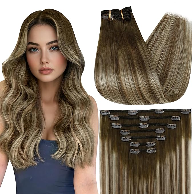 Full Shine Human Hair Clip in Extensions Brown Balayage Remy Hair Extensions Balayage Brown to Blonde Ombre Clip in Hair Extensions 16 Inch 7 Pcs 120 G