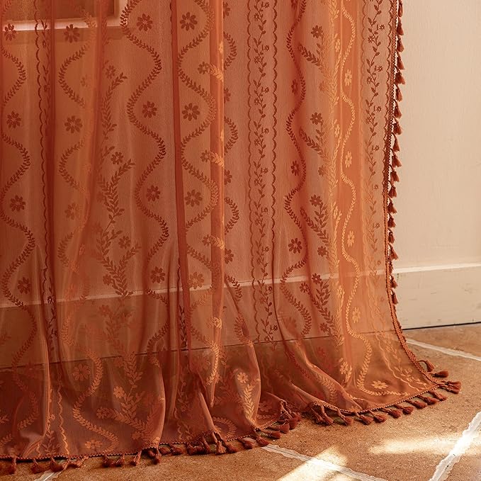 WAZZIO Boho Lace Curtains 84 Inch 2 Panels-Vintage Sheer Panel Drape Floral - Image 6