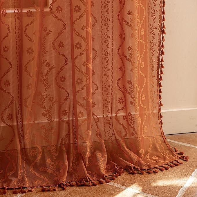 WAZZIO Boho Lace Curtains 102 Inch 2 Panels -Vintage Sheer Panel Drape Floral - Image 6