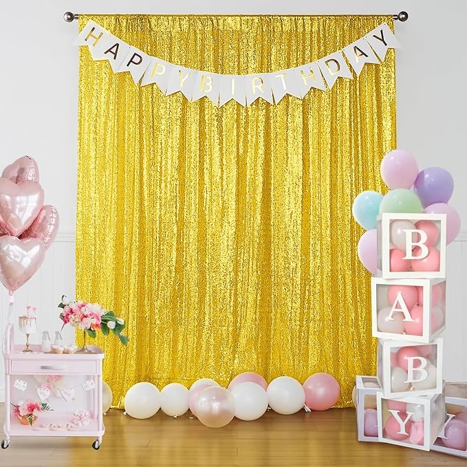 Sugargirl Golden Yellow Sequin Backdrop Curtain 2 Panels 2FTx8FT Glitter Golden - Image 2