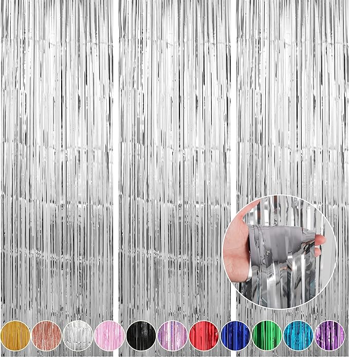 3 Pack 3.3 x 9.9 ft Silver Fringe Backdrop Streamers Party Decorations | Foil by Crosize