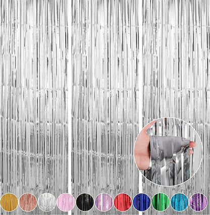 3 Pack 3.3 x 9.9 ft Silver Fringe Backdrop Streamers Party Decorations | Foil by Crosize