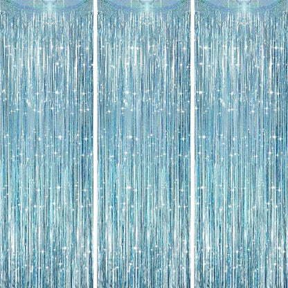 Voircoloria Laser Light Blue Fringe Backdrop Curtains, 3 Pack | Tinsel Streamers by Voircoloria