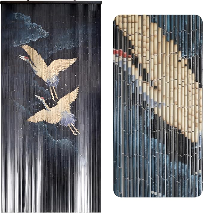 Flying Cranes at Night Beaded Bamboo Curtain 35.4" x 78.7" | 90-strand doorway by VIETBUDDECOR
