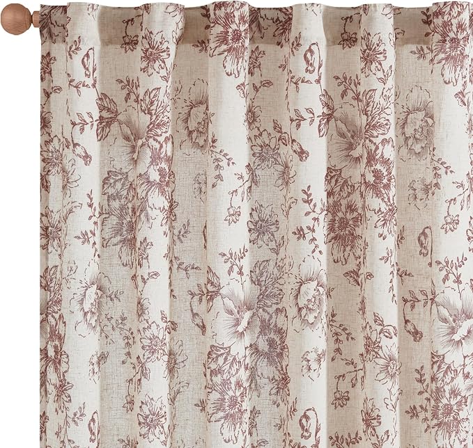 jinchan Red Floral Linen Curtains 54 Inch Vintage Back Tab 2 Panels | Light - Image 9