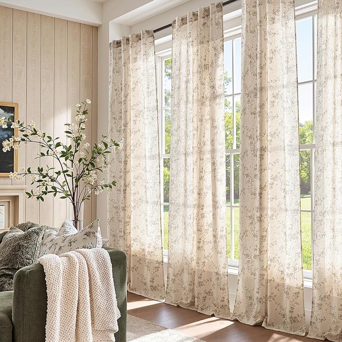 jinchan Taupe Floral Linen Curtains 96 Inch Farmhouse Back Tab 2 Panels | Taupe - Image 5