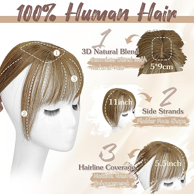 Hair Toppers for Women Real Human Hair - 360° Coverage Brown Clip In Topper with Bangs for Thinning Hair Upgraded 5×9 cm Silk Base Ideal for Everyday Use
