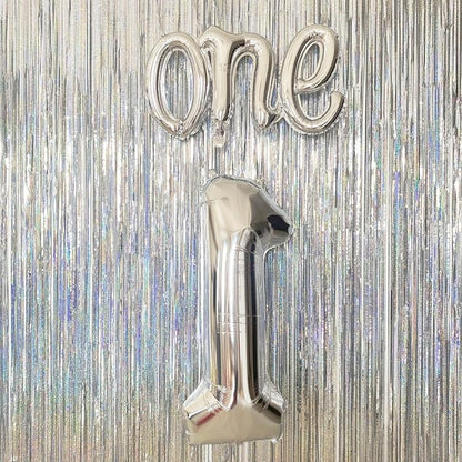 2Pcs Silver Foil 40" Number 1 and 26" Script Letter One Balloon Set | Large - Image 7