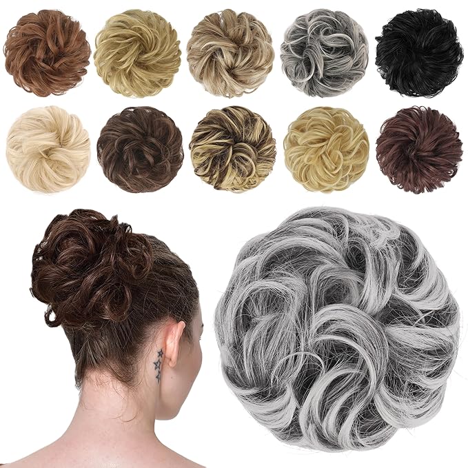 FESHFEN Messy Bun Hair Piece - Elastic Wavy Curly Hair Bun Scrunchies Extensions Synthetic Chignon Hairpieces for Women Girls, Black with White Tips 1.5 oz